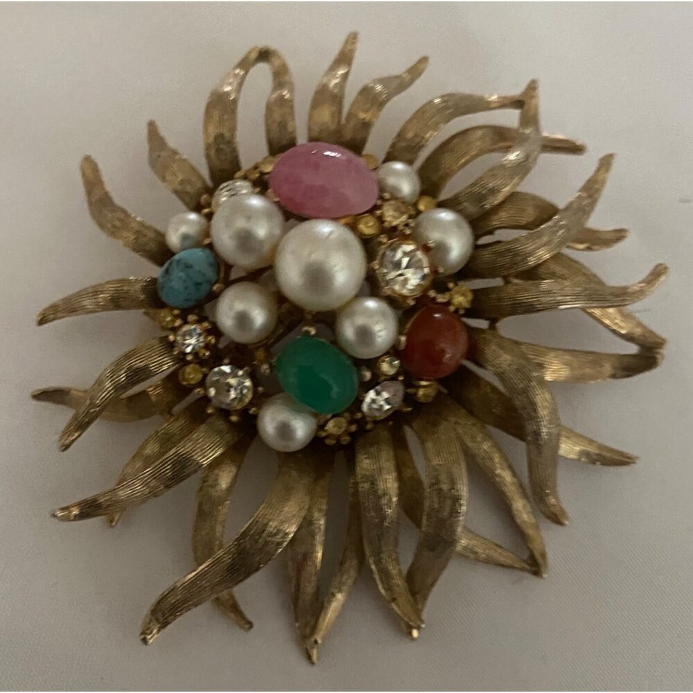 Pearl Multi Cabochon Gemstones Rhinestones Gold Tone Statement Brooch